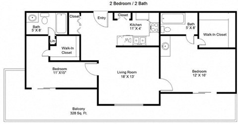Floor plan for 2 beds, 2 baths, 896 sqft
